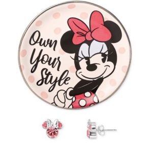Minnie Mouse Crystal Stud Pink Earrings in Sterling Silver & Trinket Dish